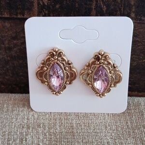 Gold Tone Pink Rhineston Post Earrings